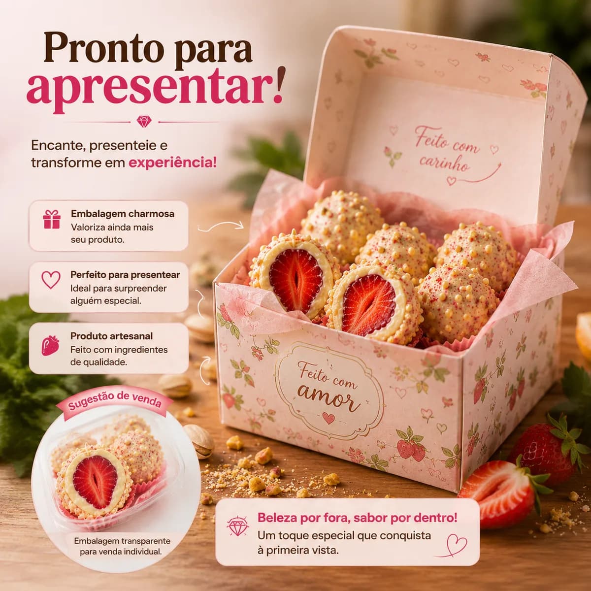Caixa de presente aberta com Morangos Cravejados e uma embalagem transparente para venda individual